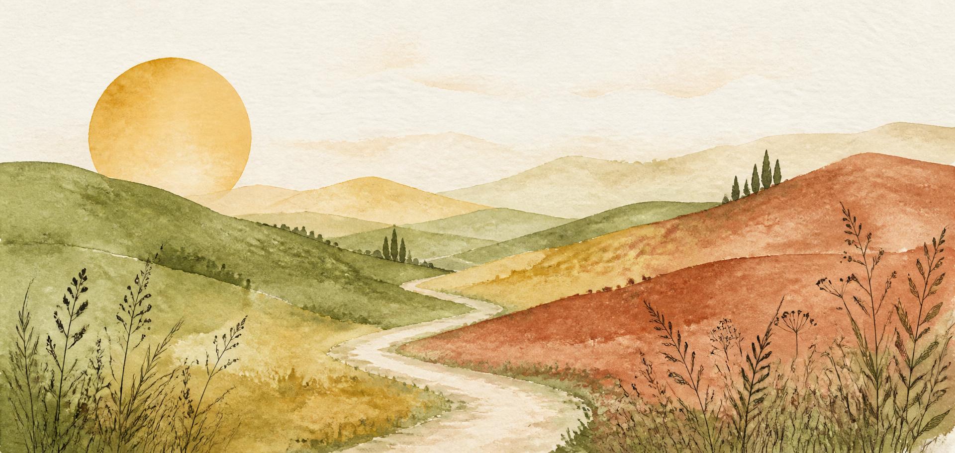 Paysage aquarellé de collines olive, ocre et brique traversées par un chemin clair